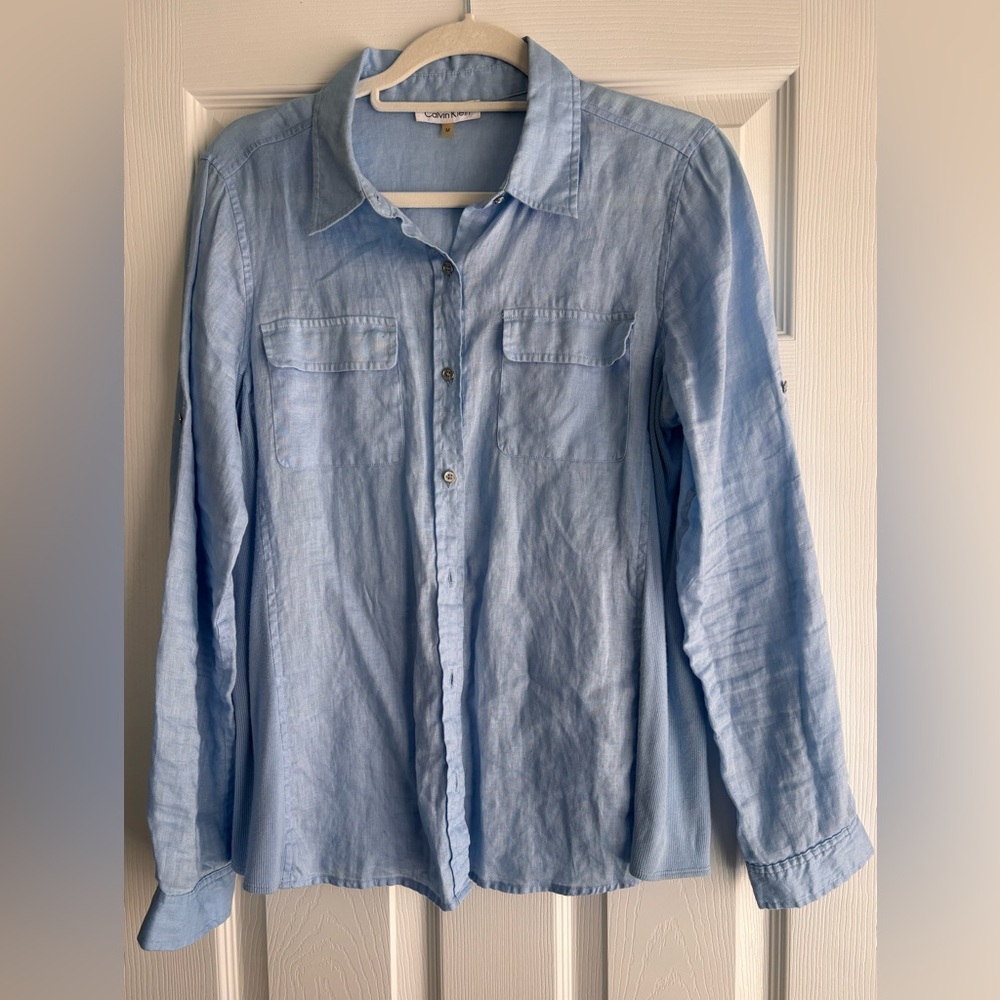 Calvin Klein Sky Blue Linen Medium Button-Up Blouse Women’s - Picture 9 of 10